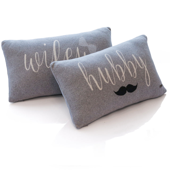 Hubby Wifey Cotton Knitted Decorative Light Grey Melange Color 12 x 20 Inches Pillow Covers