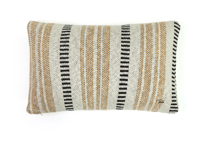 Verticle Stripe Black, Natural & Mustard Cotton Knitted Decorative 12 X 20 Inches Cushion Cover