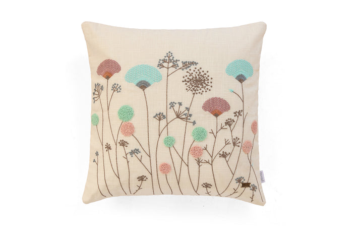 Botanical Embroidery Cotton Knitted Decorative Ivory Color 18 x 18 Inches Cushion Cover