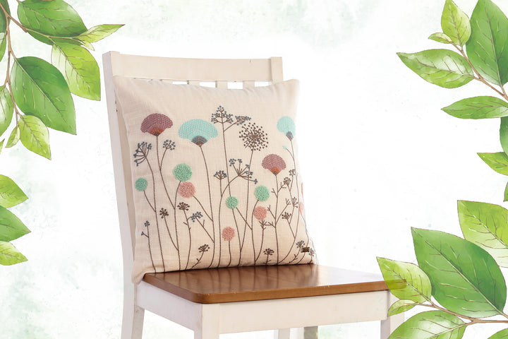 Botanical Embroidery Cotton Knitted Decorative Ivory Color 18 x 18 Inches Cushion Cover