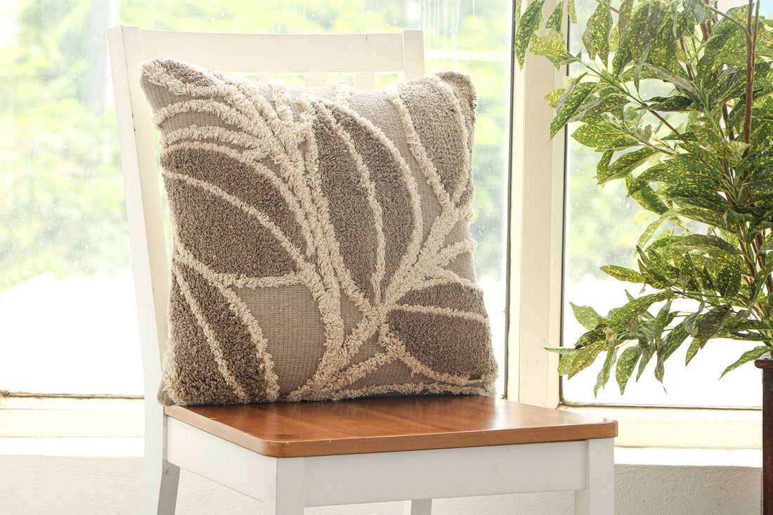 Leaf - Cotton Knitted Decorative Tufted Cushion Cover (Stone & Natural)