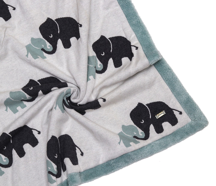 Indian Elephant - Ivory & Indus Blue Color Cotton Knitted Blanket with Faux Fur Back for Babies