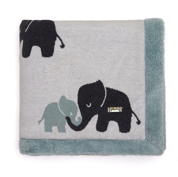 Indian Elephant - Ivory & Indus Blue Color Cotton Knitted Blanket with Faux Fur Back for Babies