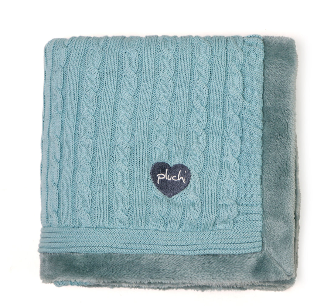 Cable Knit with Embroidered Heart Cotton Knitted Blanket With Faux Fur Back For Babies