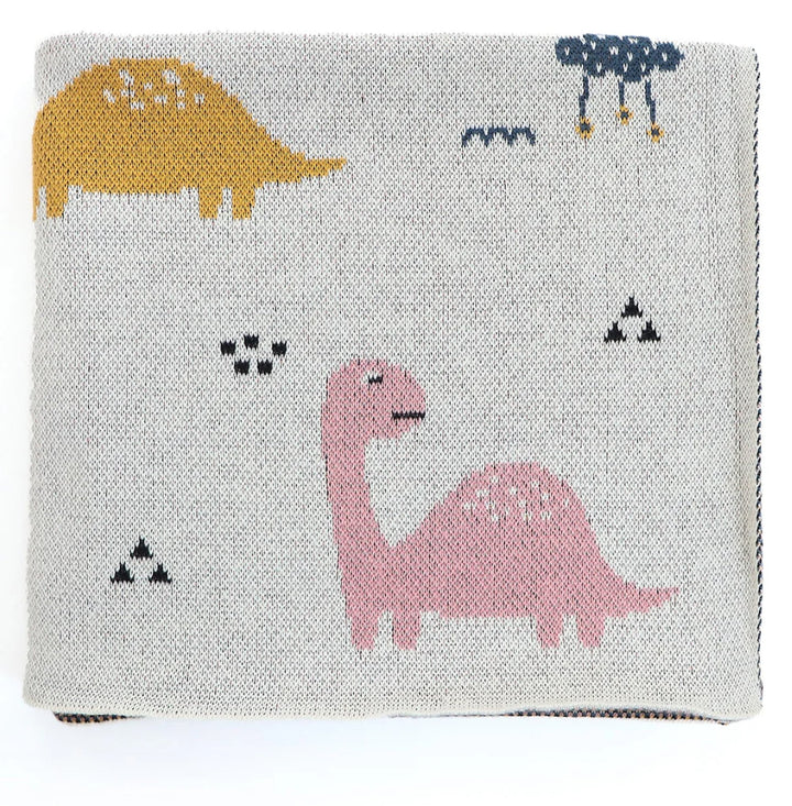 Dinos World- Natural & Multi Color Cotton Knitted Throw / Ac Blanket For Kids For Use In All Seasons