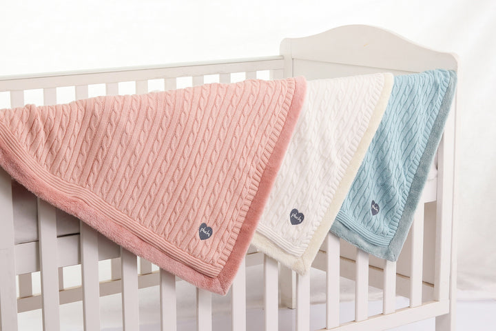 Cable Knit with Embroidered Heart- Baby Pink Cotton Knitted Blanket With Faux Fur Back For Babies