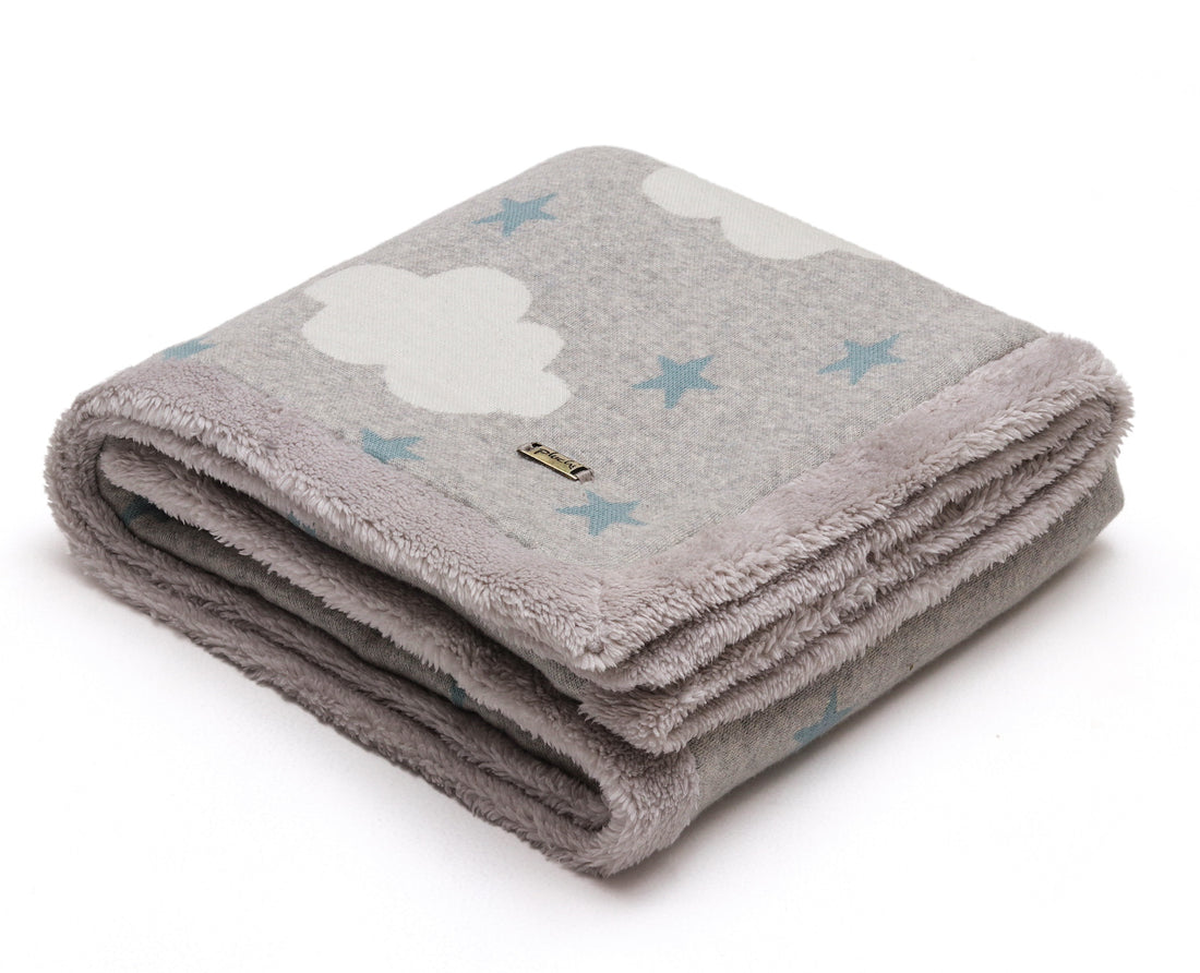 Clouds & Stars - Vanilla Grey Cotton Knitted Blanket with Faux Fur Back for Babies