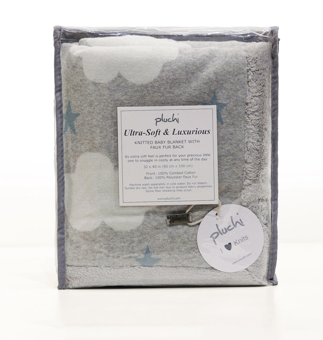 Clouds & Stars - Vanilla Grey Cotton Knitted Blanket with Faux Fur Back for Babies