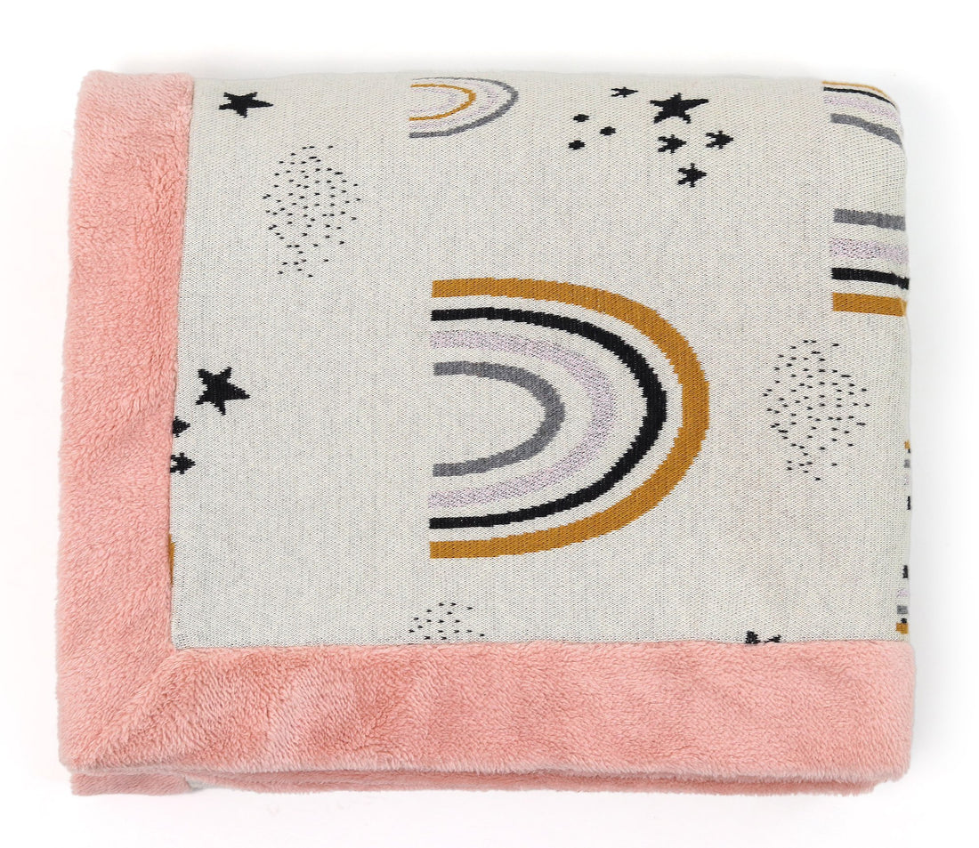 Dance with Rainbows - Natural, Light Pink & Multi Color Cotton Knitted Blanket With Faux Fur Back For Kids