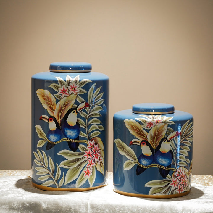 Blue Bird Print Floral Ceramic Canister