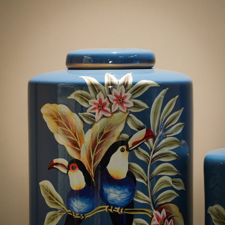 Blue Bird Print Floral Ceramic Canister