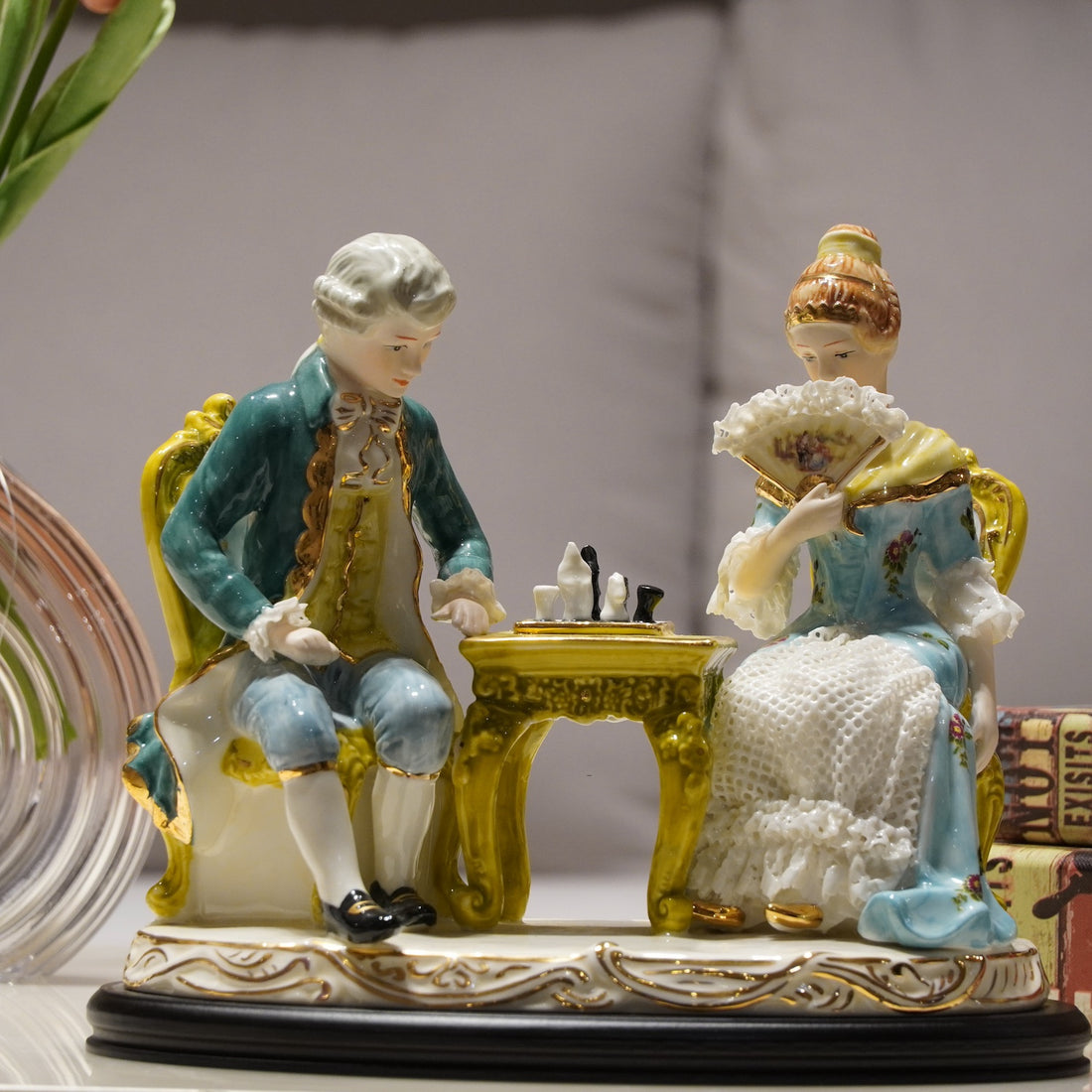 Victorian Couple Playing Chess Figurines GQ5