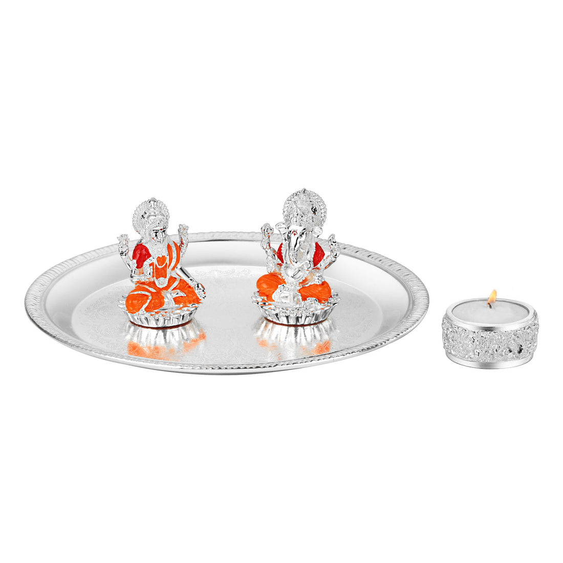 Pooja Thali With Lakshmi Ganesha on Chowki & Tea Light