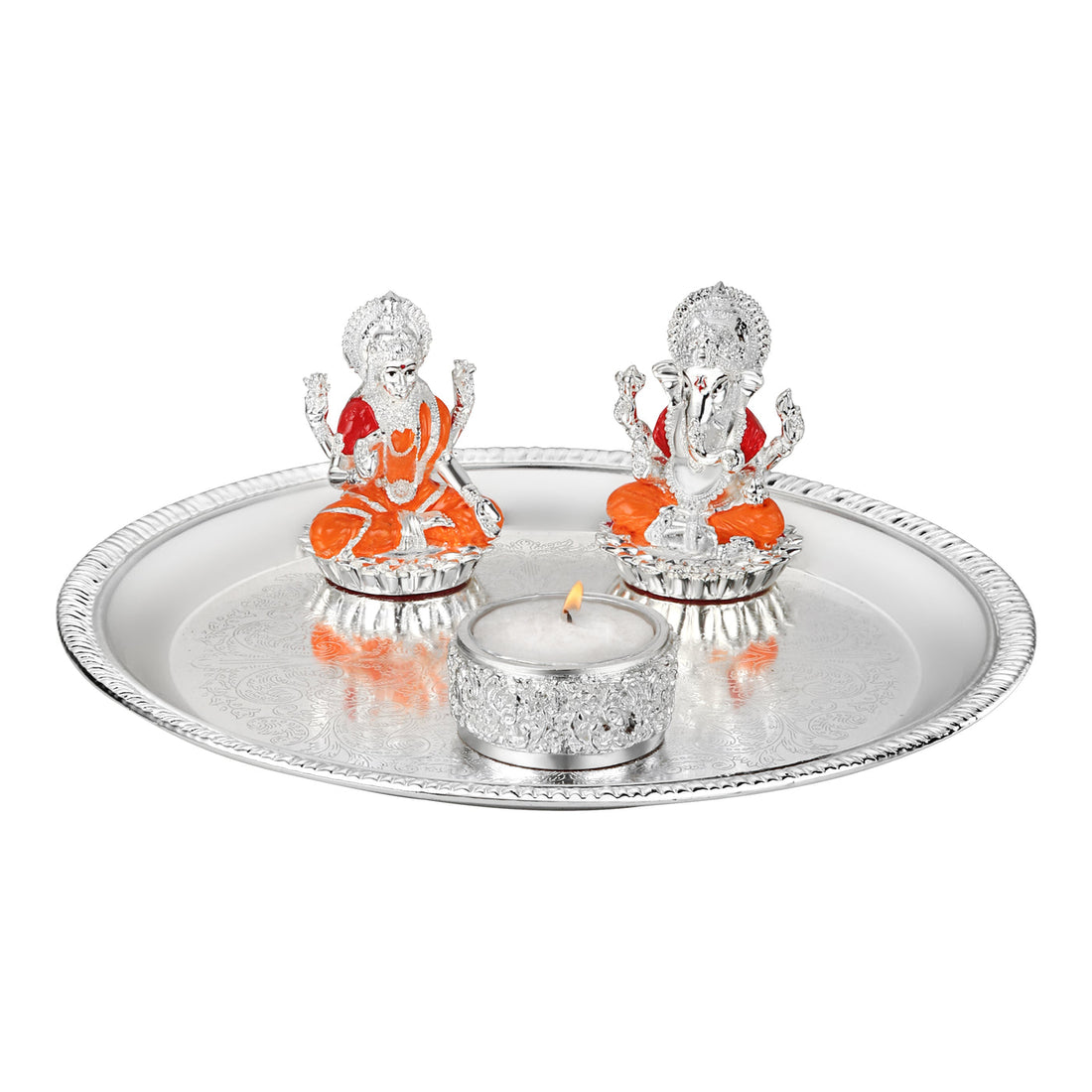 Pooja Thali With Lakshmi Ganesha on Chowki & Tea Light